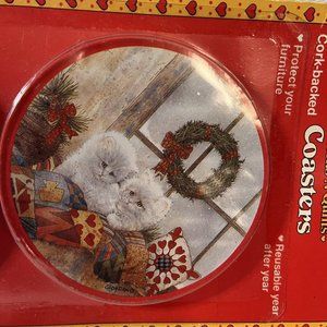 Kittens N Quilts Coasters Metal Cork Backed NEW Set Of 6 Hearts Wreaths Holiday